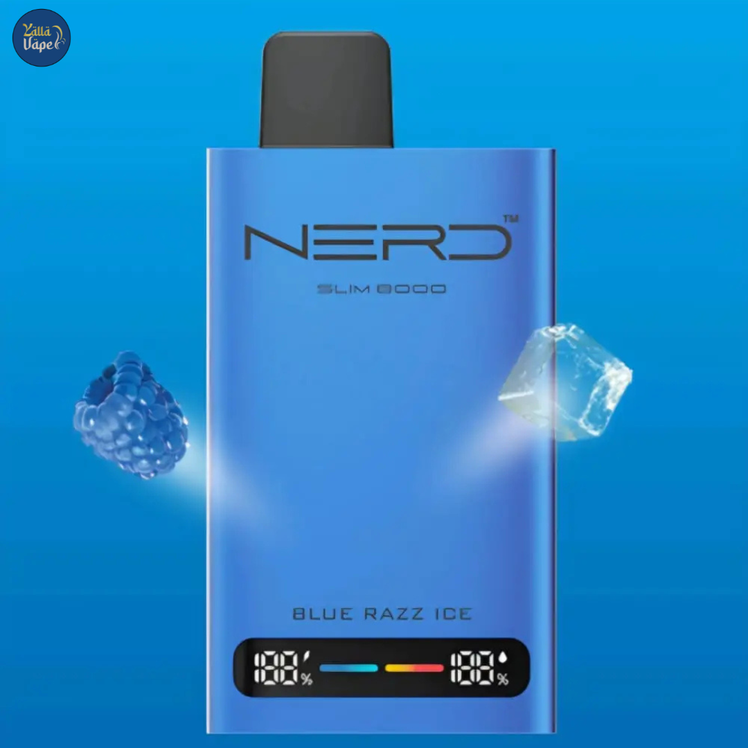 Nerd Slim 8000 Puffs Blue Razz Ice 20mg Disposable Vape, showcasing its sleek, futuristic design with an advanced LCD display and innovative mesh coil technology. Powered by a robust 650mAh rechargeable battery and a generous 14ml e-liquid capacity delivering up to 8000 puffs, this premium device offers an electrifying Blue Razz Ice flavor with a potent 20mg nicotine hit—crafted especially for discerning vape enthusiasts in Dubai, Abu Dhabi, Sharjah, and across the entire UAE.