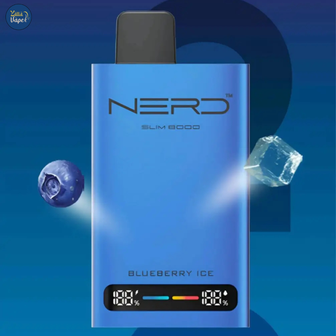 Premium Nerd Slim 8000 Puffs Blueberry Ice 20mg Disposable Vape—Sleek design, intense blueberry flavor, perfect for vaping enthusiasts in Dubai, Abu Dhabi, and across the UAE.