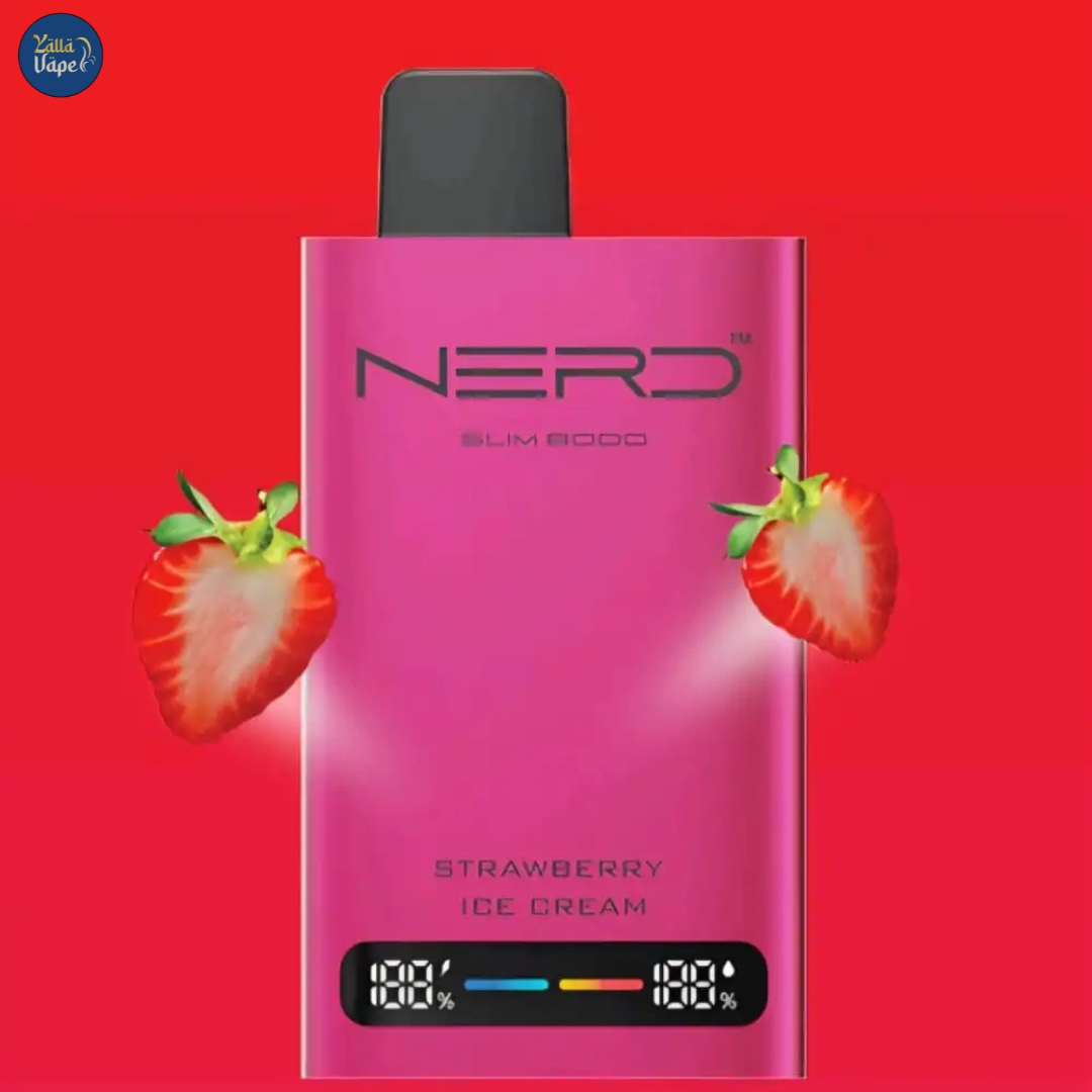 Nerd Slim 8000 Puffs Strawberry Ice Cream 20mg Disposable Vape showcasing its sleek, modern design with an advanced LCD display, mesh coil technology, and a 14ml e-liquid reservoir. This premium device delivers a potent 20mg nicotine hit and an impressive 8000 puffs of rich, creamy Strawberry Ice Cream flavor—perfectly crafted for discerning vape enthusiasts in Dubai, Abu Dhabi, Sharjah, and across the UAE marketplace.