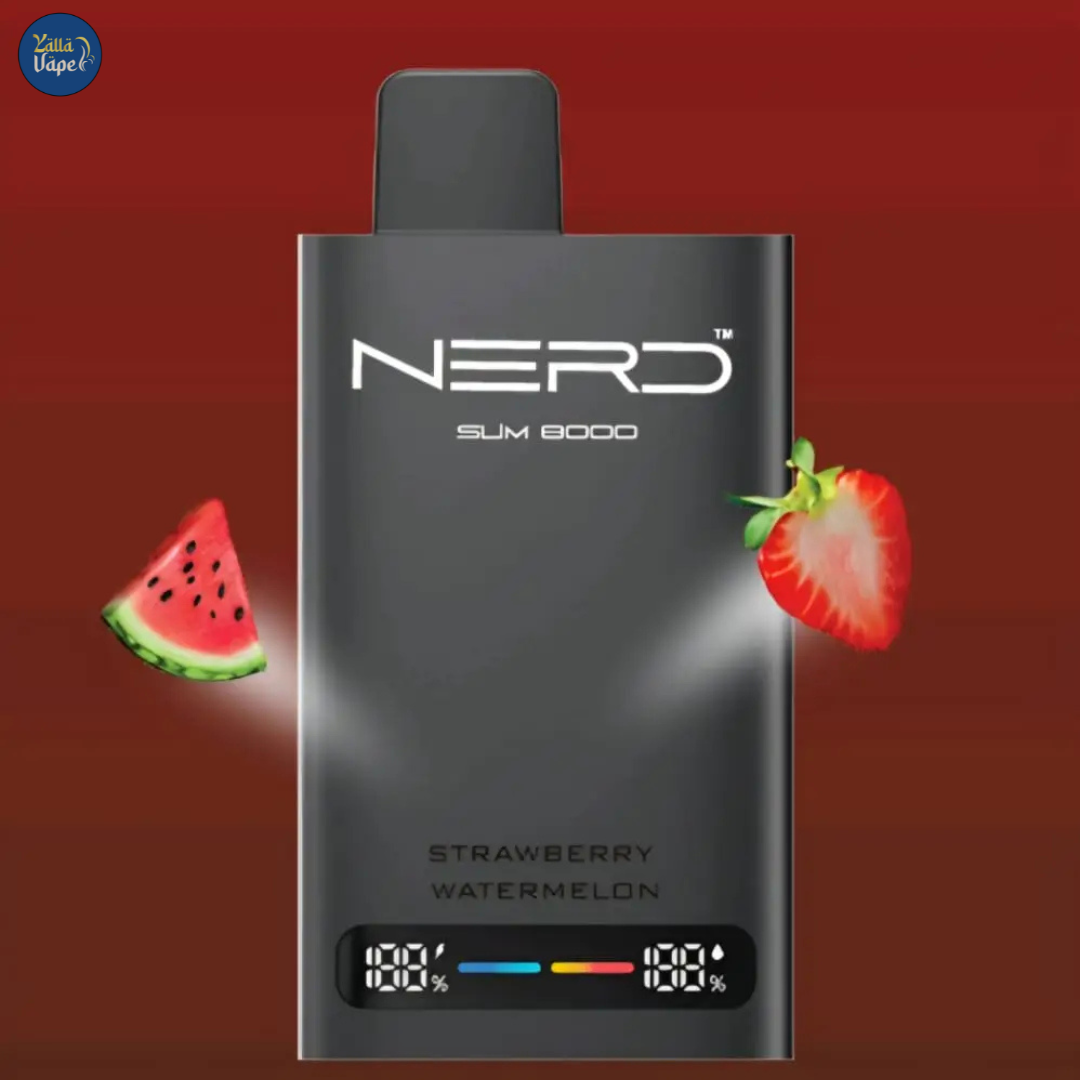 Nerd Slim 8000 Puffs Strawberry Watermelon 20mg Disposable Vape featuring a sleek, modern design with an advanced LCD display, innovative mesh coil technology, and a 14ml liquid reservoir. Delivering a potent 20mg nicotine hit and an exhilarating blend of strawberry and watermelon flavors, this premium device offers an impressive 8000 puffs of long-lasting performance—designed for discerning vape enthusiasts in Dubai, Abu Dhabi, Sharjah, and across the entire UAE marketplace.