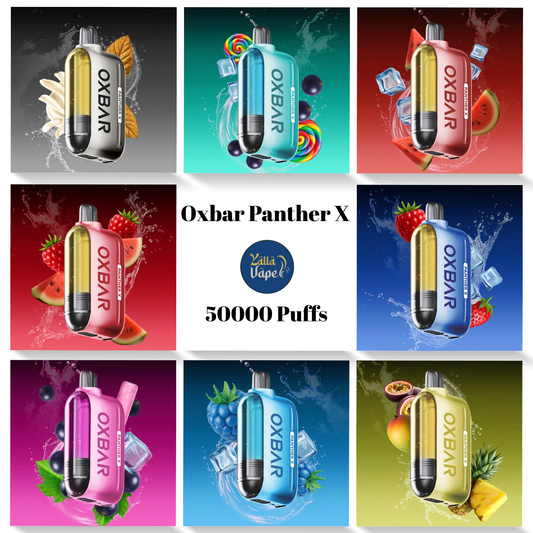 Oxbar Panther X 50,000 Puffs disposable vape — flavors: Pink Ice, Blue Ice, Frozen Remix, Purple Ice, Peach Ice, Black 2.0, Blueberry Strawberry Dragonfruit, Peach Mango Watermelon, Exotica — Dubai, Abu Dhabi, Sharjah, UAE