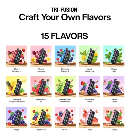 Oxbar Tri-Fusion 45k Puffs multi-flavor collage showcasing all 15 fruity blends—Blueberry Raspberry, Apple Mango Kiwi, Cherry Strawberry, Cherry Lemonade, Grape Raspberry, Double Mint, Passion Fruit Raspberry Grape, Juicy Peach, Peach Berries, Pineapple Mango Watermelon, Peach Watermelon, Strawberry Grape, Sakura Grape, Watermelon Ice & Strawberry Kiwi Watermelon—with fast delivery in Dubai, Abu Dhabi, Sharjah & all UAE