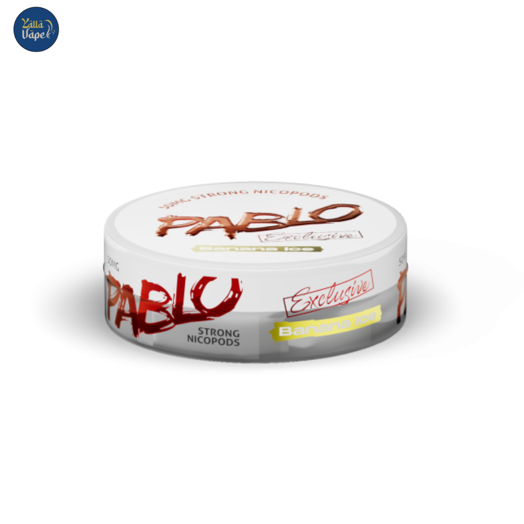 Close-up of Pablo 50mg Nicopods Can with Refreshing Banana Ice Flavor (Dubai, Abu Dhabi, UAE Available with fast same day delivery.