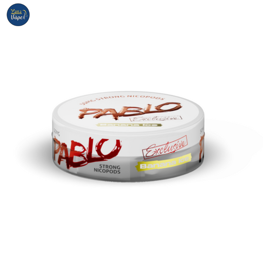 Close-up of Pablo 50mg Nicopods Can with Refreshing Banana Ice Flavor (Dubai, Abu Dhabi, UAE Available with fast same day delivery.