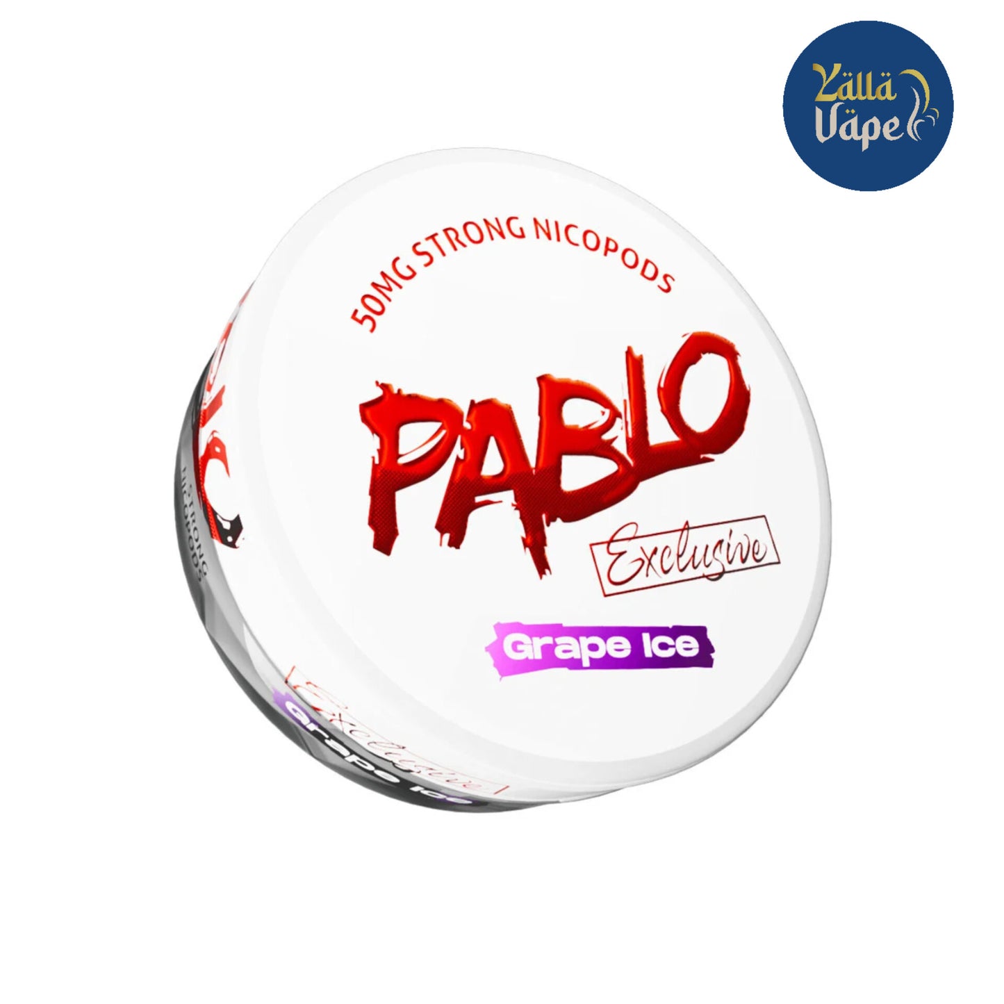 Close-up of Pablo Grape Ice 50mg Nicotine Pouches – premium, tobacco-free snus with a bold grape flavor and icy finish, engineered for experienced users in Dubai, Abu Dhabi, and across the UAE. The slim, all-white design delivers a powerful 50mg nicotine punch with discreet, consistent release for on-the-go satisfaction.
