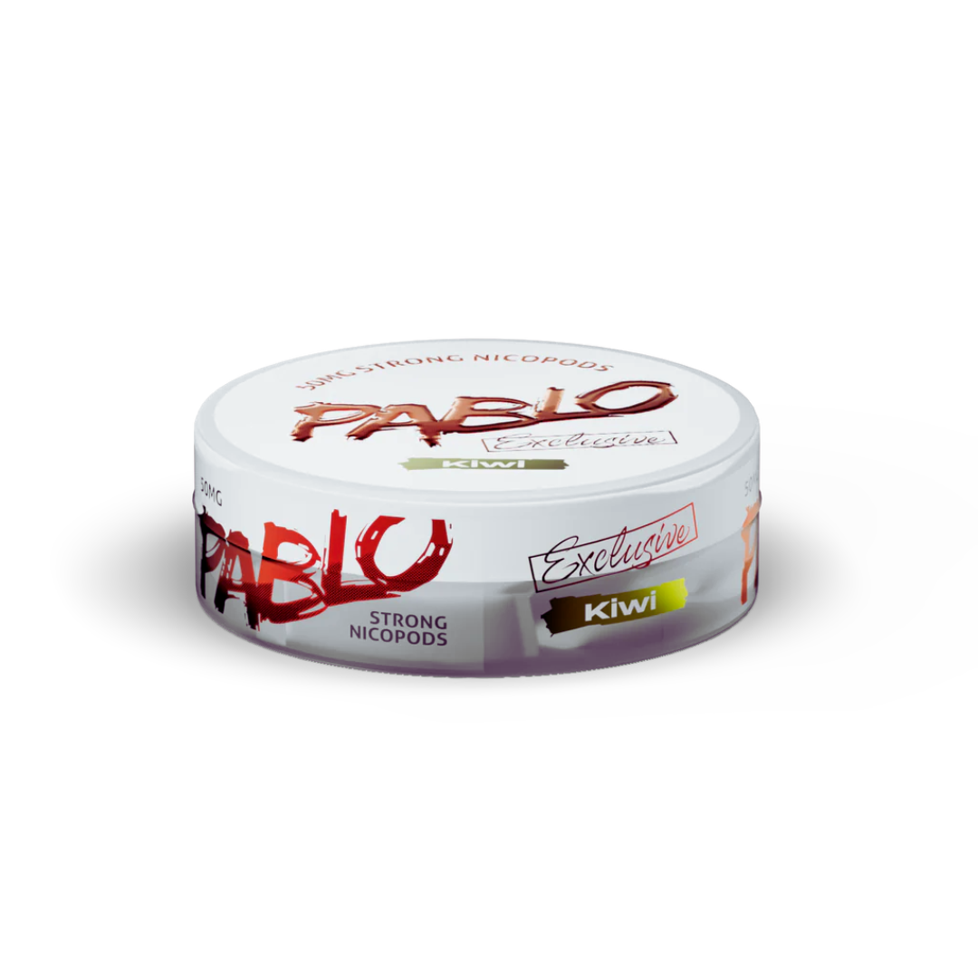 Close-up of Pablo Exclusive Kiwi 50mg Nicotine Pouches delivering a potent kiwi nicotine kick in Dubai.