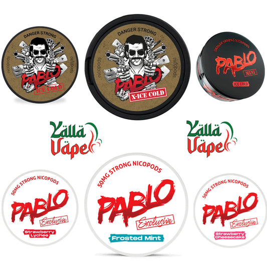 a vibrant array of premium Pablo Nicotine Pouches and Snus in diverse flavors (Mini Ice Cold, Exclusive Strawberry Lychee, Frosted Mint, etc.) displayed in a sleek UAE marketplace setting across Dubai, Abu Dhabi, and the wider UAE.