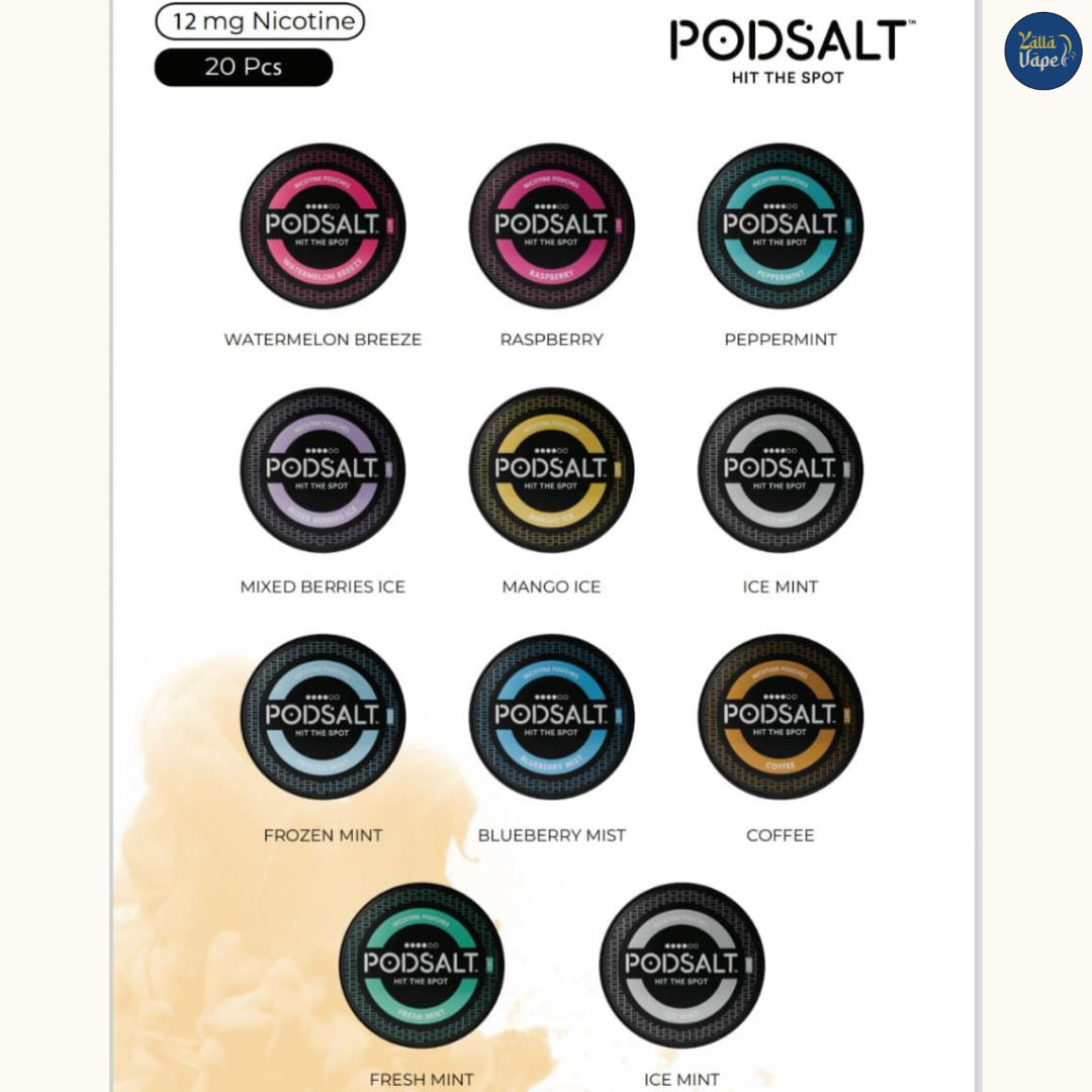 Pod Salt nicotine pouches — Watermelon Breeze, Raspberry, Peppermint, Mixed Berries Ice, Mango Ice, Ice Mint, Frozen Mint, Blueberry Mist, Coffee, Fresh Mint Dry, Ice Mint Dry — buy online Dubai, Abu Dhabi, Sharjah, UAE