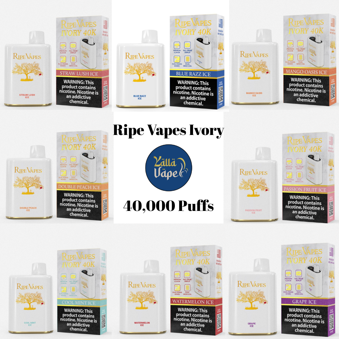 Ripe Vapes IVORY 40K (40,000 Puffs) disposable vape — VCT 2%, VCT 5%, Passion Fruit Ice, Mango Oasis Ice, Watermelon Ice, Double Peach Ice, Grape Ice, Cool Mint Ice, Straw Lush Ice, Virginia Blend, Blue Razz Ice — Dubai, Abu Dhabi, Sharjah, UAE