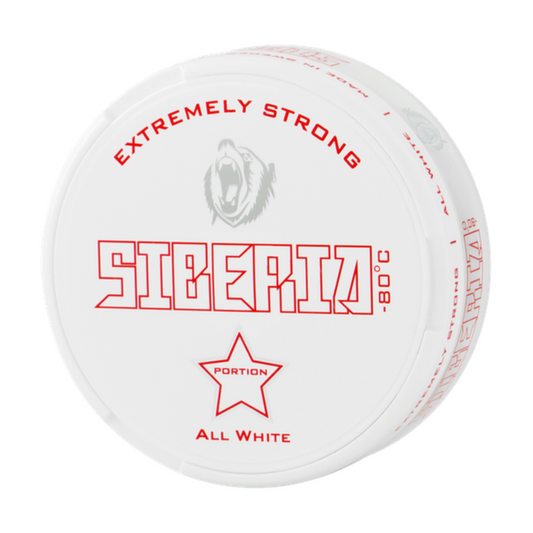 Siberia Extremely Strong All‑White Snus 33 mg ultra‑strong nicotine pouches in ice‑cold mint flavor, available in Dubai, Abu Dhabi & Sharjah UAE.