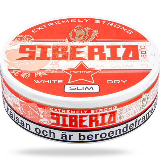 Close-up of a tin of Siberia Extremely Strong Slim White Dry Snus (43 mg nicotine), featuring sleek slim white dry portions, available in Dubai, Abu Dhabi, Sharjah & across the UAE.