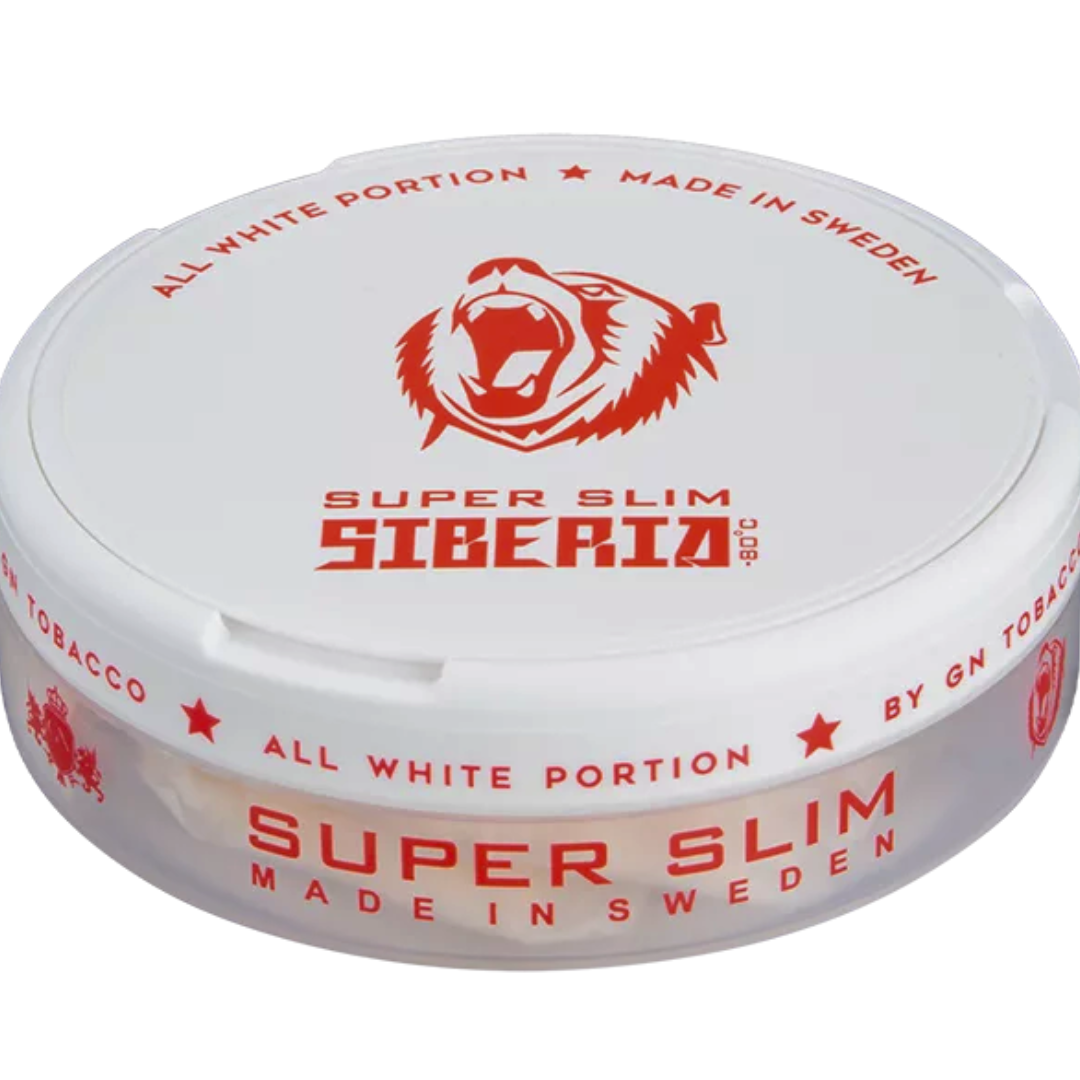 Detailed shot of Siberia Super Slim All White Nicotine Pouches showcasing 21.45mg nicotine strength and sleek design for premium, ultra strong performance.