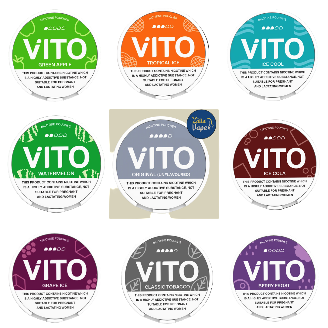 VITO nicotine pouches assortment — UAE-made, tobacco-free (Freeze Mint, Mango, Grape, Original Unflavored, Ice Cola, Watermelon, Ice Cool, Classic Tobacco, Berry Frost, Coffee, Lush Lychee, Tropical Ice, Polar Mint) — buy Dubai, Abu Dhabi, Sharjah & UAE