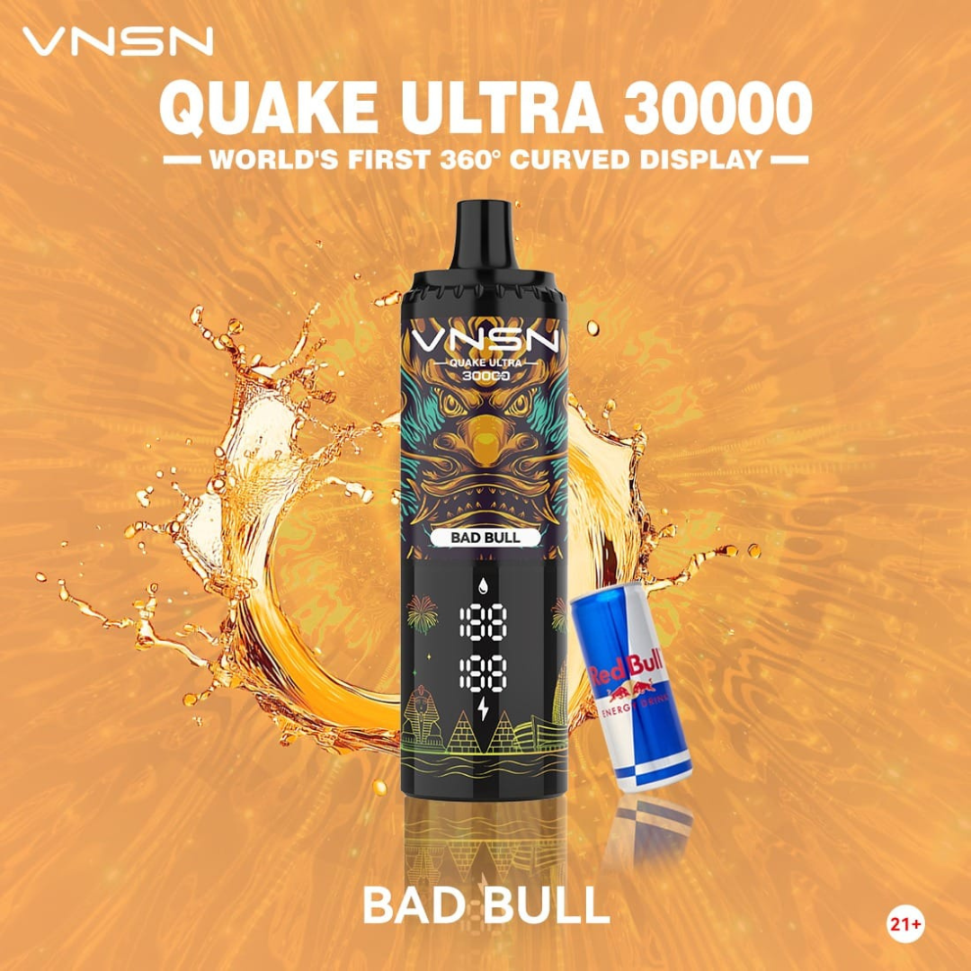 VNSN Quake Ultra 30000 Puffs Bad Bull 50mg Disposable Vape featuring its futuristic, sleek design, advanced dual mesh coil, and vibrant 360° LED display—delivering bold, robust Bad Bull flavor for premium vaping in Dubai, UAE.