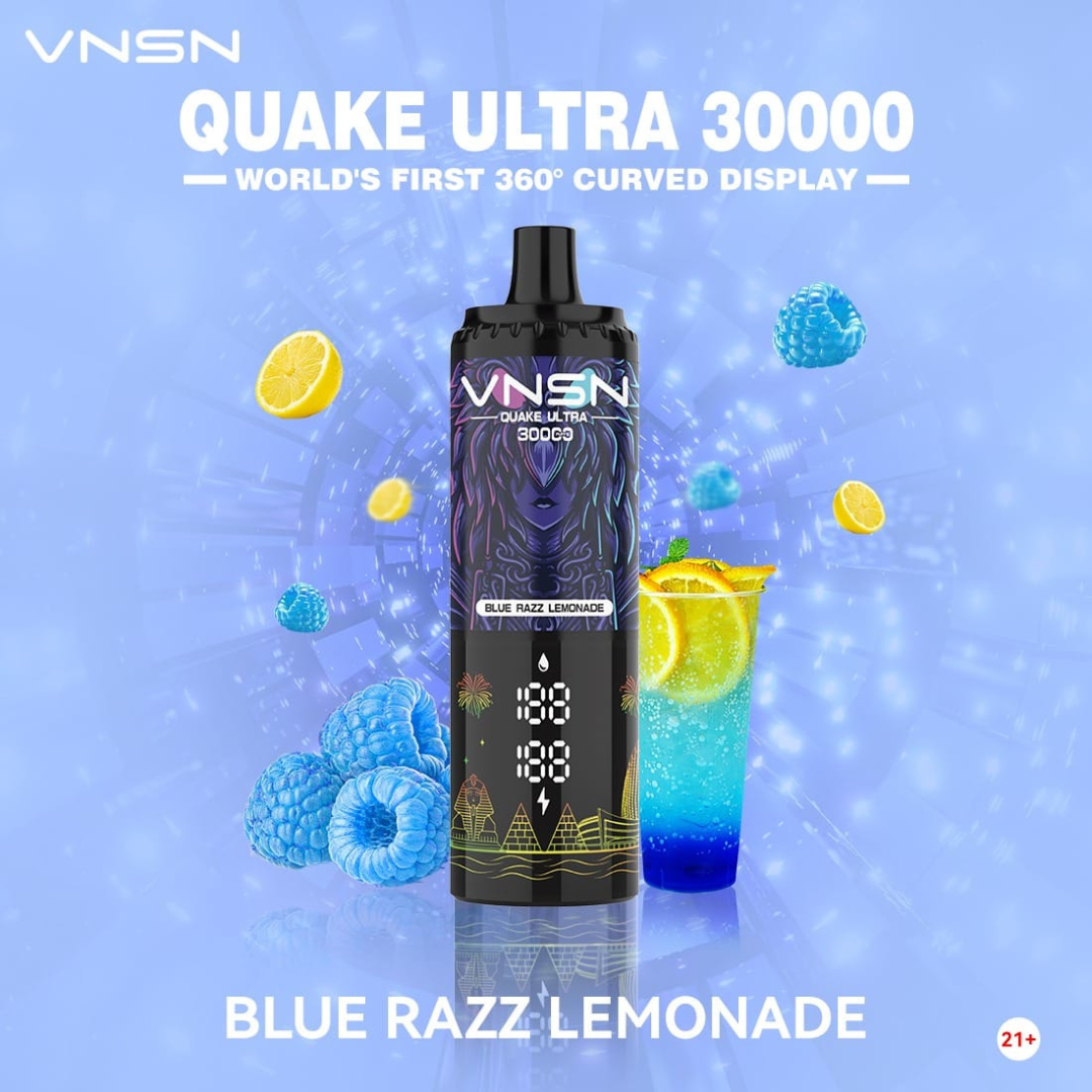VNSN Quake Ultra 30000 Puffs Blue Razz Lemonade 50mg Disposable Vape, featuring a sleek, modern design with a vibrant 360° LED display and advanced dual mesh coil—delivering a refreshing blend of blue raspberry and lemonade flavors for premium vaping in Dubai, UAE.
