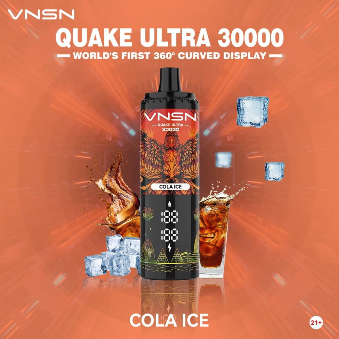 VNSN Quake Ultra 30000 Puffs Cola Ice 50mg Disposable Vape showcasing its cutting-edge design, advanced dual mesh coil, and dynamic 360° LED display—delivering a crisp, refreshing cola flavor for premium vaping in Dubai, UAE.