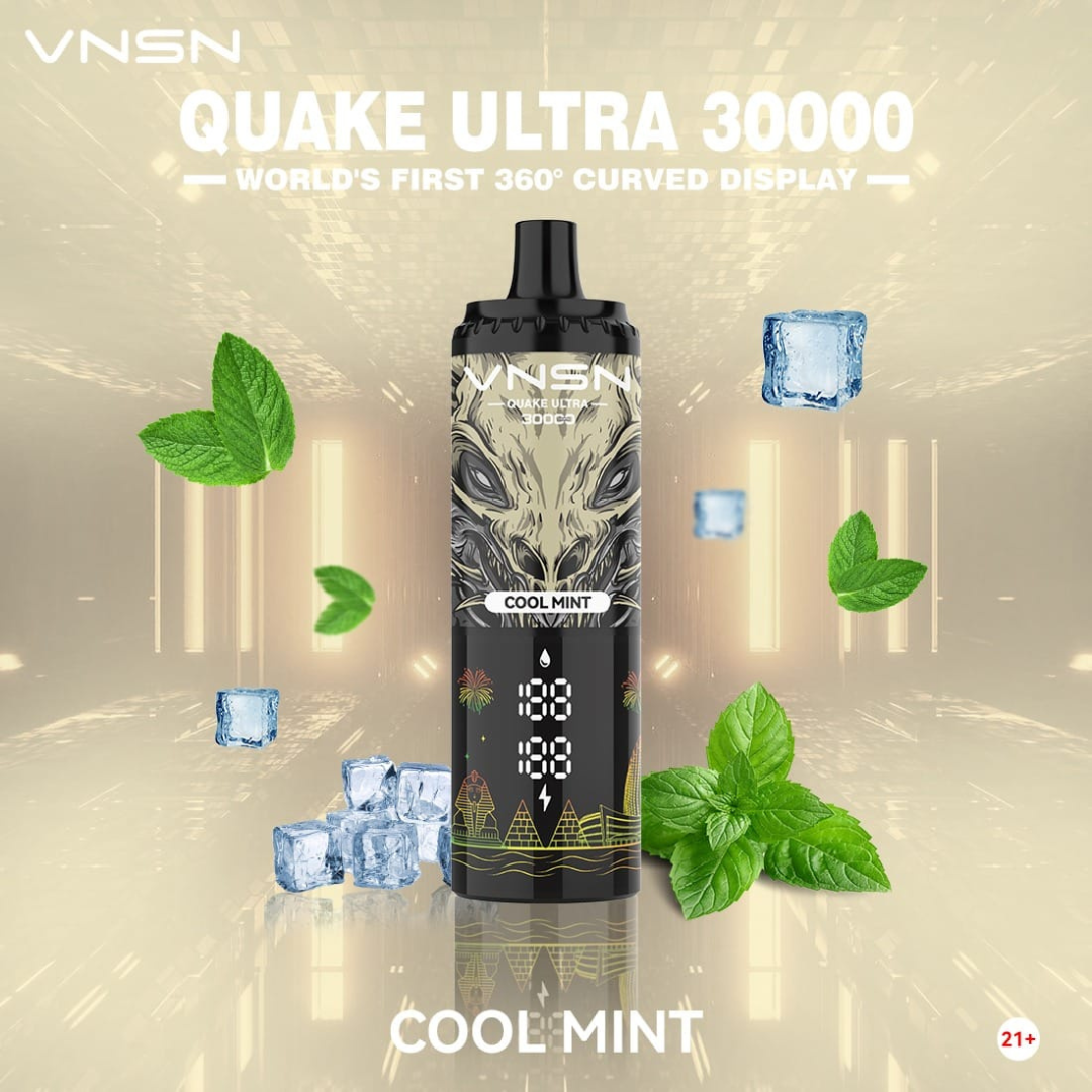 VNSN Quake Ultra 30000 Puffs Cool Mint 50mg Disposable Vape featuring a sleek design, dual mesh coil, and vibrant 360° display – premium vaping for Dubai UAE.
