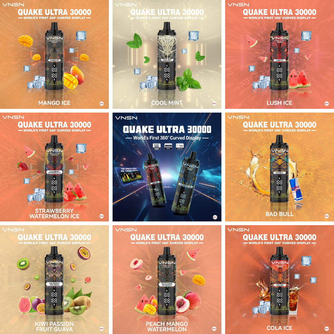 High-res VNSN Quake Ultra 30000 Puffs 50mg Disposable Vape featuring sleek design, dual mesh coil, and 360° display – premium vape for Dubai UAE.