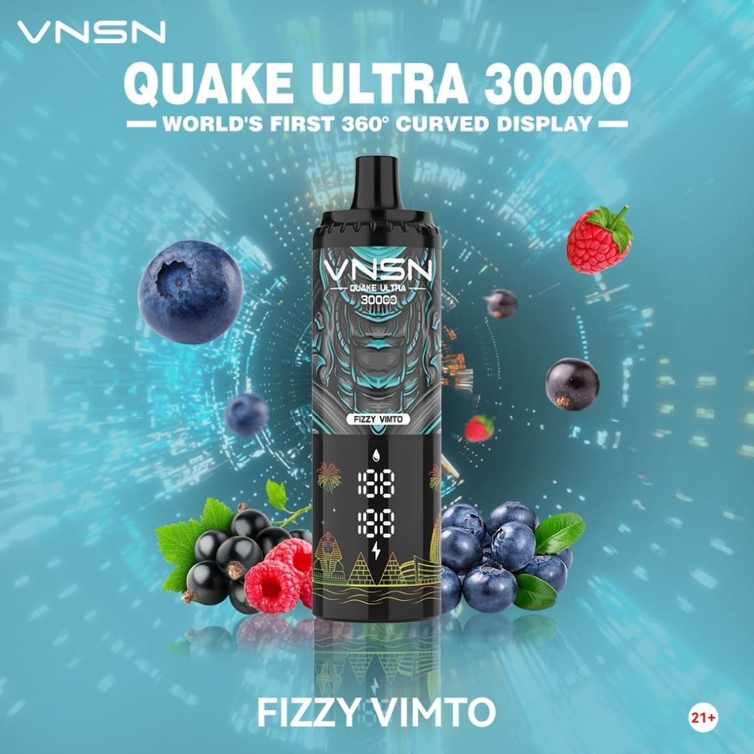 VNSN Quake Ultra 30000 Puffs Fizzy Vimto 50mg Disposable Vape, featuring a sleek, modern design with a vibrant 360° LED display and advanced dual mesh coil—delivering a refreshing blend of blackcurrant, raspberry, and grape flavors for premium vaping in Dubai, UAE.