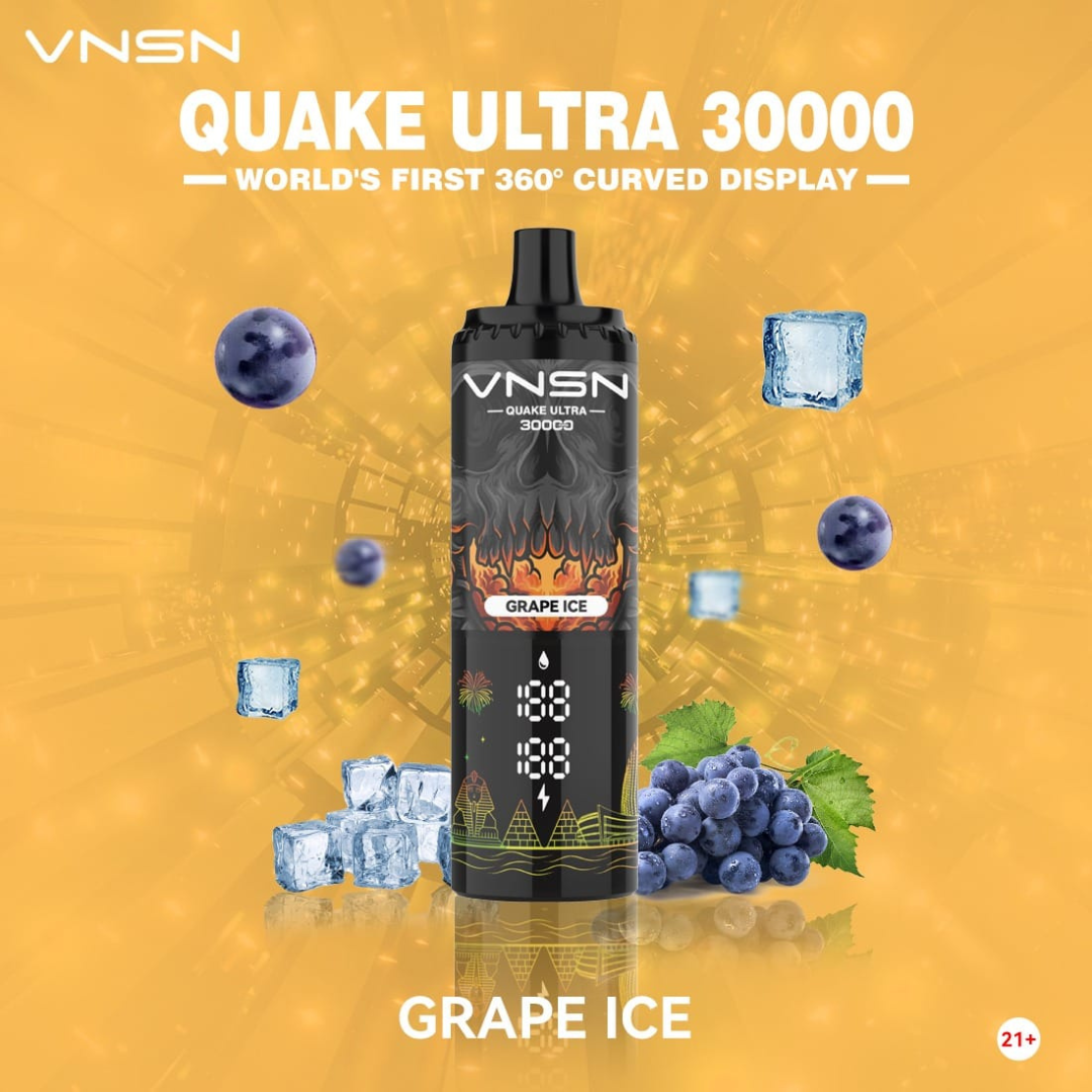 VNSN Quake Ultra 30000 Puffs Grape Ice 50mg Disposable Vape, featuring a sleek, modern design with a vibrant 360° LED display and advanced dual mesh coil—delivering a refreshing grape ice flavor for premium vaping in Dubai, UAE.