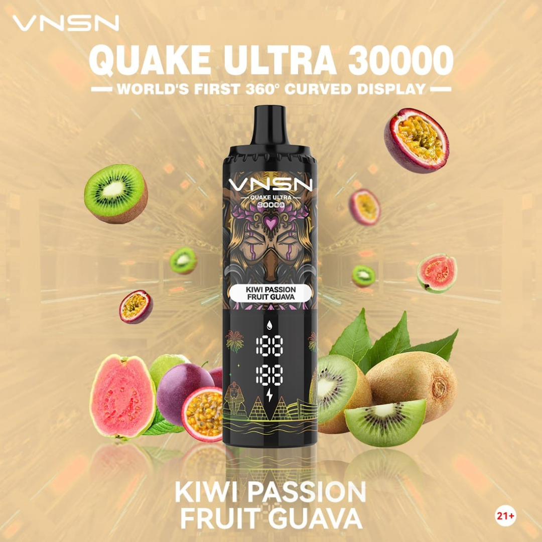 VNSN Quake Ultra 30000 Puffs Kiwi Passion Fruit Guava 50mg Disposable Vape, featuring a sleek, modern design with a vibrant 360° LED display and advanced dual mesh coil—delivering a refreshing blend of kiwi, passion fruit, and guava flavors for premium vaping in Dubai, UAE.
