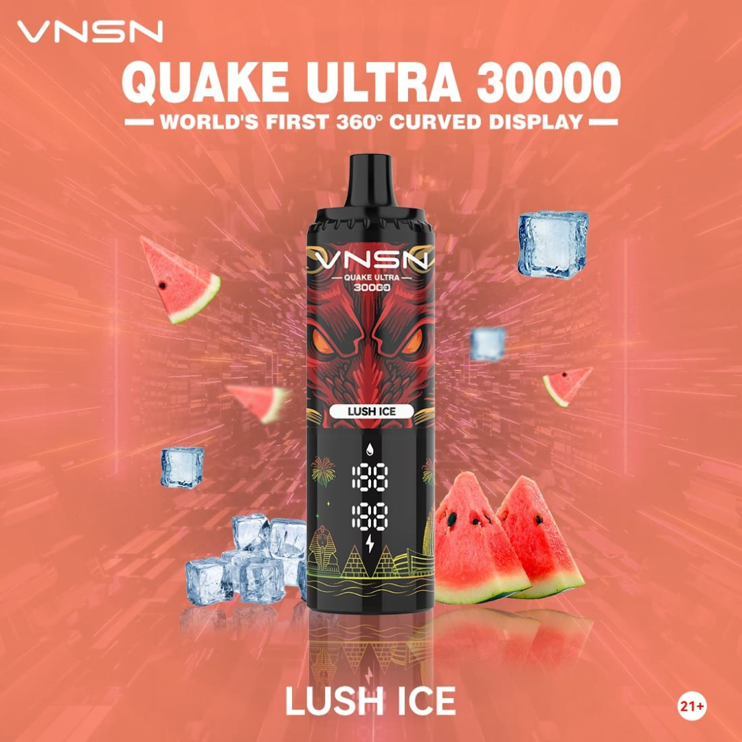 VNSN Quake Ultra 30000 Puffs Lush Ice 50mg Disposable Vape showing its futuristic sleek design, advanced dual mesh coil, and vibrant 360° LED display – a premium cooling vape for Dubai, UAE.