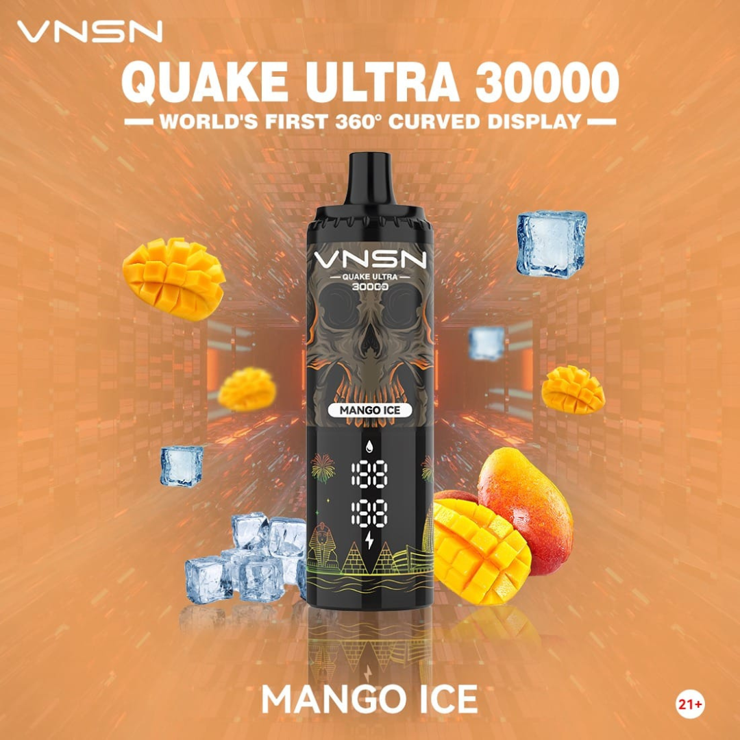 VNSN Quake Ultra 30000 Puffs Mango Ice 50mg Disposable Vape, featuring a sleek modern design, advanced dual mesh coil, and dynamic 360° LED display—delivering a cool, refreshing mango flavor for premium vaping in Dubai, UAE.