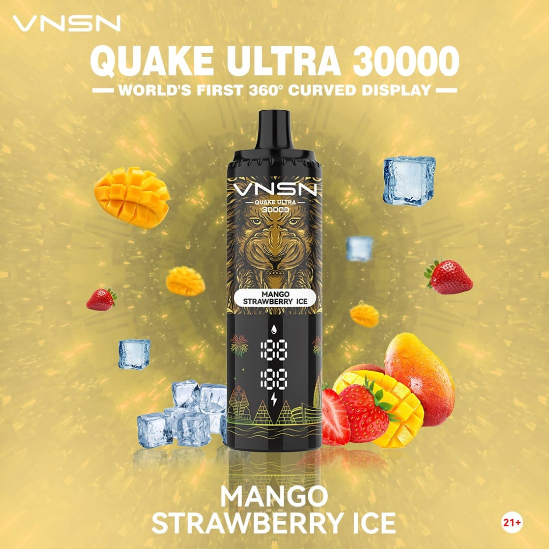 VNSN Quake Ultra 30000 Puffs Mango Strawberry Ice 50mg Disposable Vape, featuring a sleek modern design, advanced dual mesh coil, and dynamic 360° LED display—delivering a cool, refreshing mango-strawberry blend for premium vaping in Dubai, UAE.