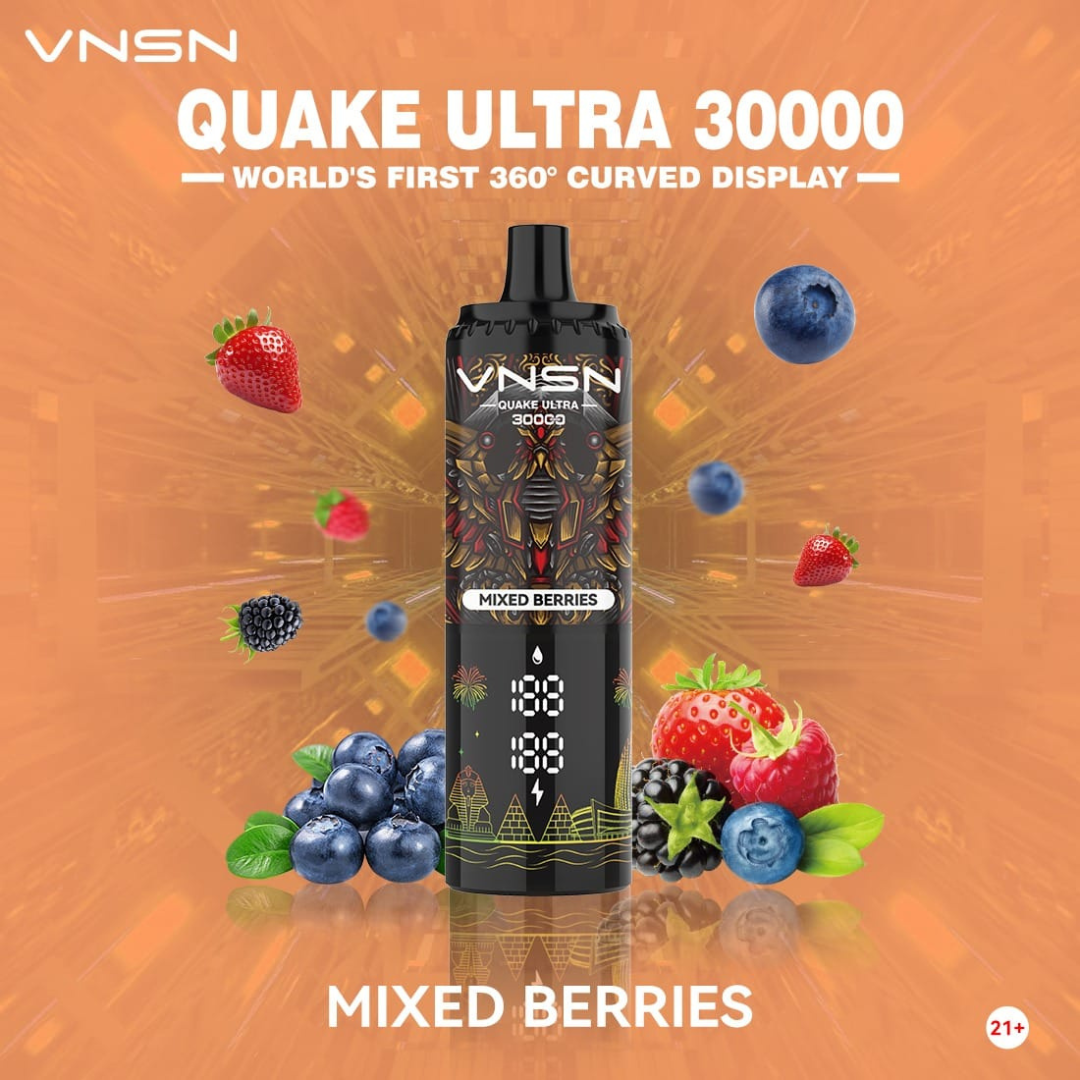 VNSN Quake Ultra 30000 Puffs Mixed Berries 50mg Disposable Vape, featuring a sleek, modern design with a vibrant 360° LED display and advanced dual mesh coil—delivering a refreshing blend of mixed berry flavors for premium vaping in Dubai, UAE.