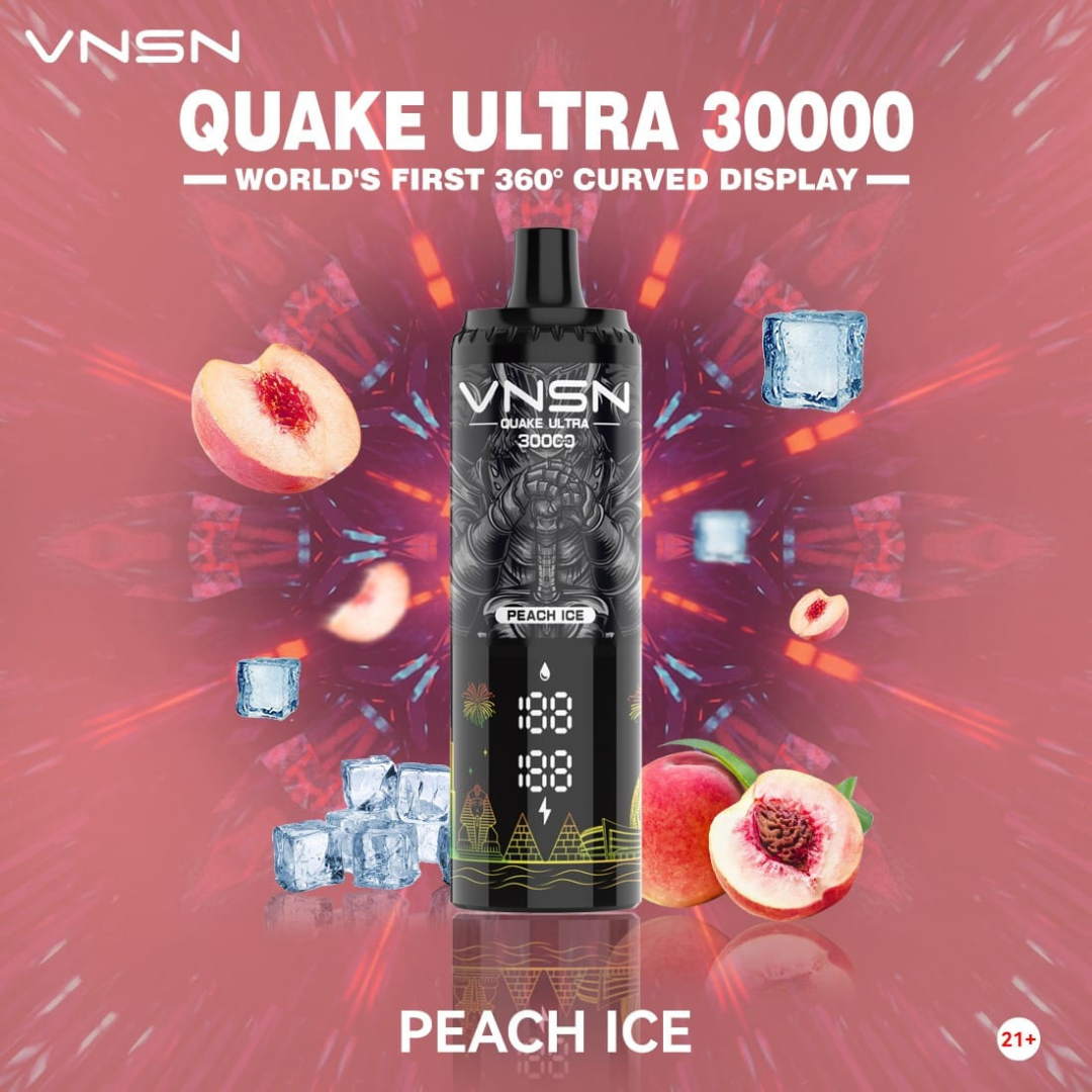 VNSN Quake Ultra 30000 Puffs Peach Ice 50mg Disposable Vape, featuring a sleek, modern design with a vibrant 360° LED display and advanced dual mesh coil—delivering a refreshing peach ice flavor for premium vaping in Dubai, UAE.