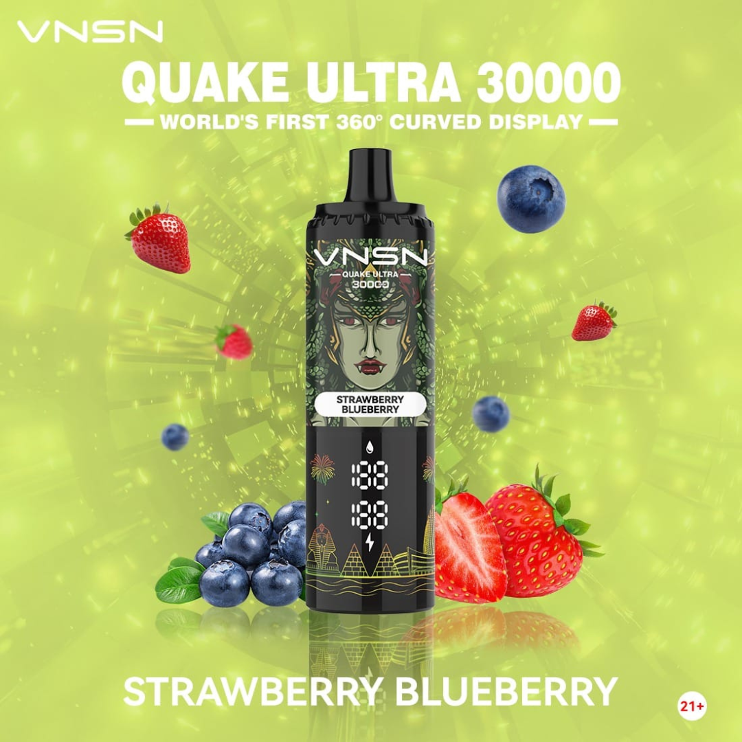VNSN Quake Ultra 30000 Puffs Strawberry Blueberry 50mg Disposable Vape, featuring a sleek, modern design with a vibrant 360° LED display and advanced dual mesh coil—delivering a refreshing blend of strawberry and blueberry flavors for premium vaping in Dubai, UAE.