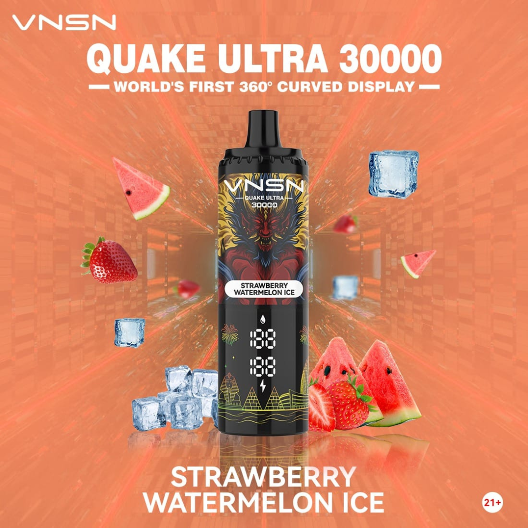 VNSN Quake Ultra 30000 Puffs Strawberry Watermelon Ice 50mg Disposable Vape showcasing its sleek futuristic design, advanced dual mesh coil, and vibrant 360° LED display for a refreshing blend of strawberry, watermelon, and icy cool finish – premium vape for Dubai, UAE.