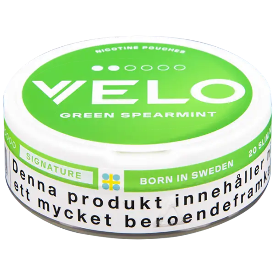 Top & Side view of Velo Green Spearmint pouch can, displaying the white slim nicotine pouches inside. Each tobacco‑free pouch contains 6mg nicotine and delivers a cool spearmint-mint flavor.