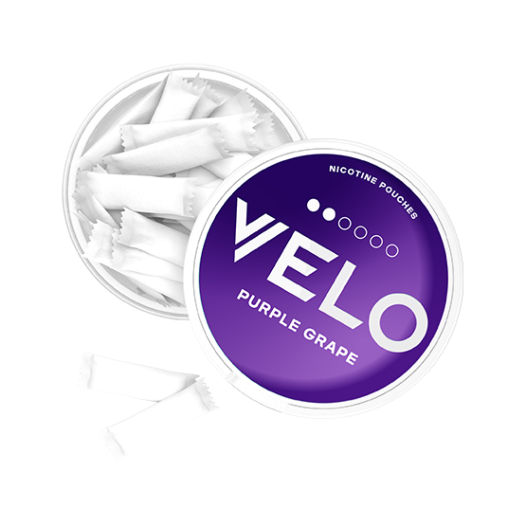 White Velo Purple Grape 6 mg nicotine pouch tin with vibrant grape illustration – tobacco‑free, discreet on‑the‑go use, fast shipping across Dubai, Abu Dhabi, Sharjah & UAE.