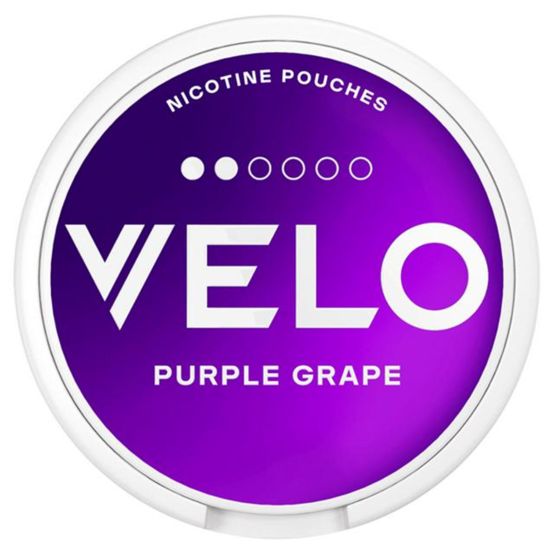White Velo Purple Grape Mini pouch tin with vivid grape artwork – sleek, tobacco‑free nicotine alternative for discreet on‑the‑go enjoyment in Dubai, Abu Dhabi, Sharjah & UAE