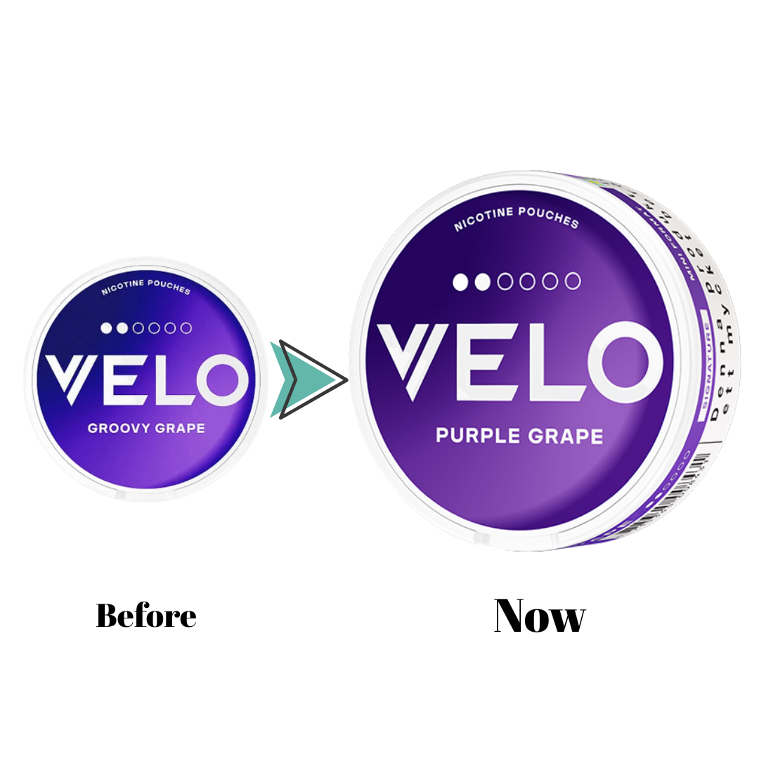 White tin of Velo Purple Grape Mini 6 mg nicotine pouches – formerly Groovy Grape – featuring vibrant grape graphic, tobacco‑free and ideal for discreet use in Dubai, Abu Dhabi, Sharjah & across UAE.