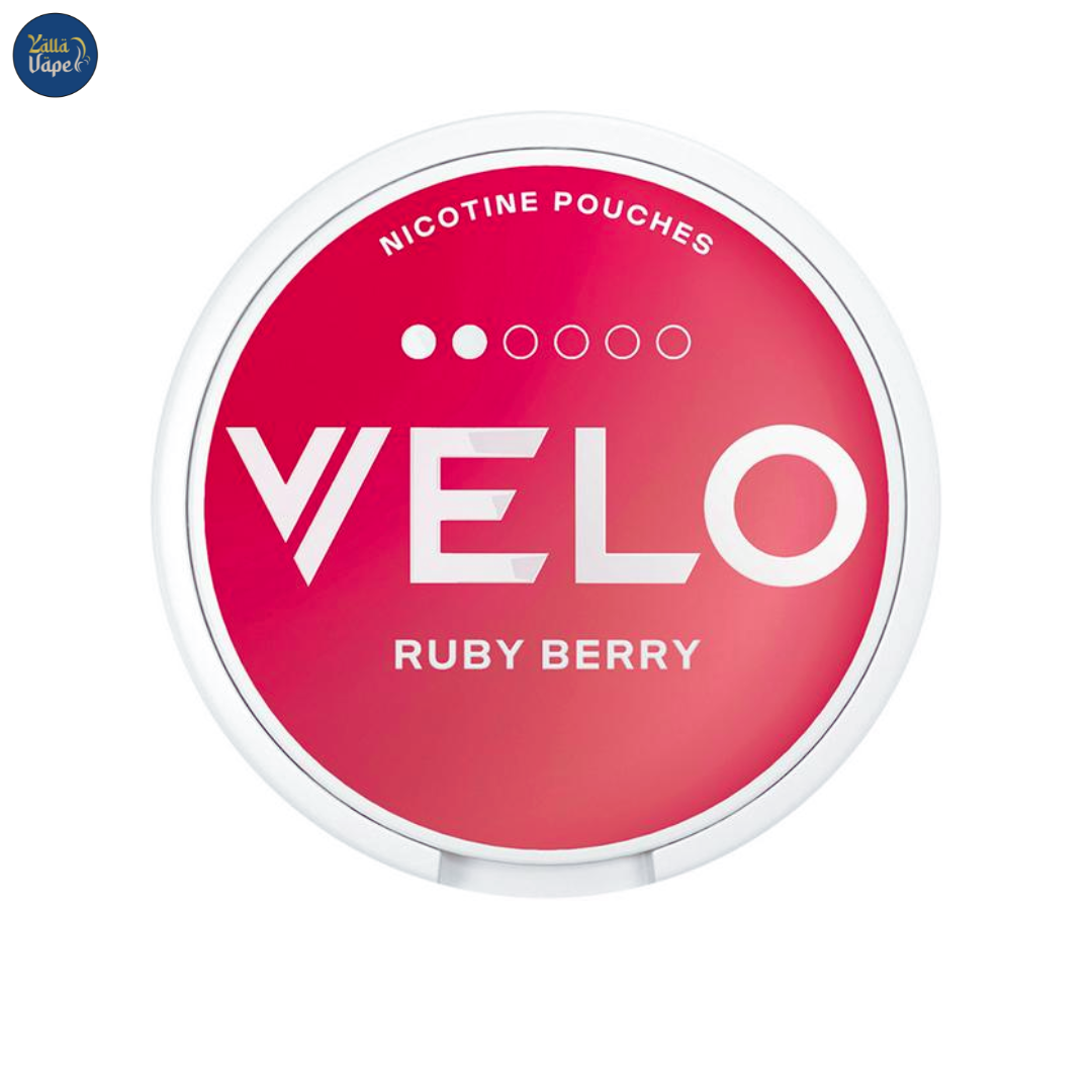 Close-up of Velo Ruby Berry nicotine pouches – premium, discreet, rebranded from Blushy Berry. Available Fast Delivery in Dubai, UAE.