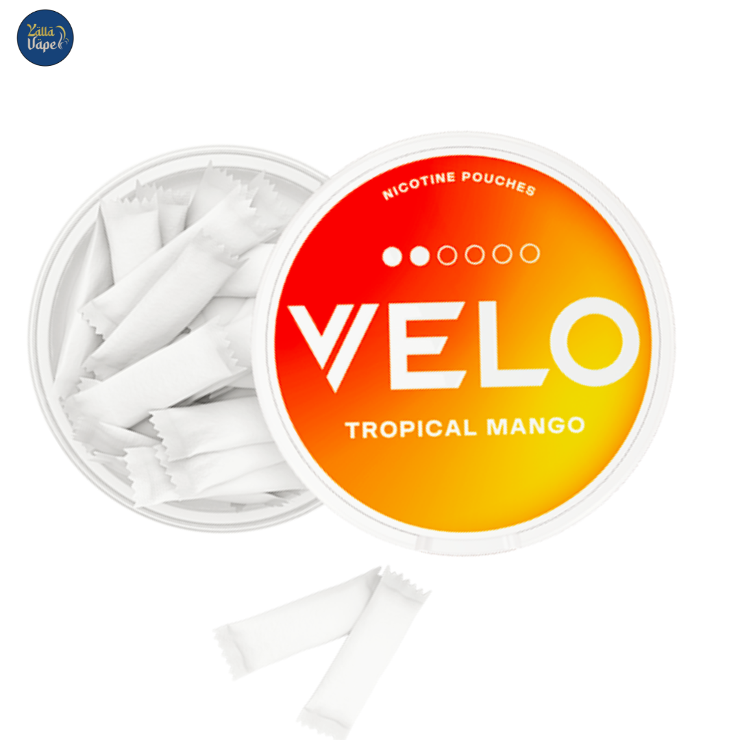 Discreet VELO Nicotine Pouches with vibrant Tropical Mango flavor in 6mg strength, ideal for UAE consumers.