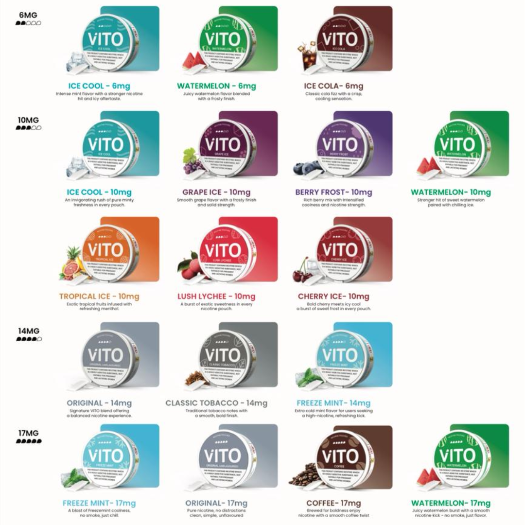 VITO nicotine pouches full flavor range (Ice Cool 6mg, Watermelon 6mg, Ice Cola 6mg, Ice Cool 10mg, Grape Ice 10mg, Berry Frost 10mg, Watermelon 10mg, Tropical Ice 10mg, Lush Lychee 10mg, Cherry Ice 10mg, Original Unflavored 14mg, Classic Tobacco 14mg, Freeze Mint 14mg, Freeze Mint 17mg, Original 17mg, Coffee 17mg, Watermelon 17mg) — made in UAE, smoke-free & discreet — shop Dubai & Abu Dhabi