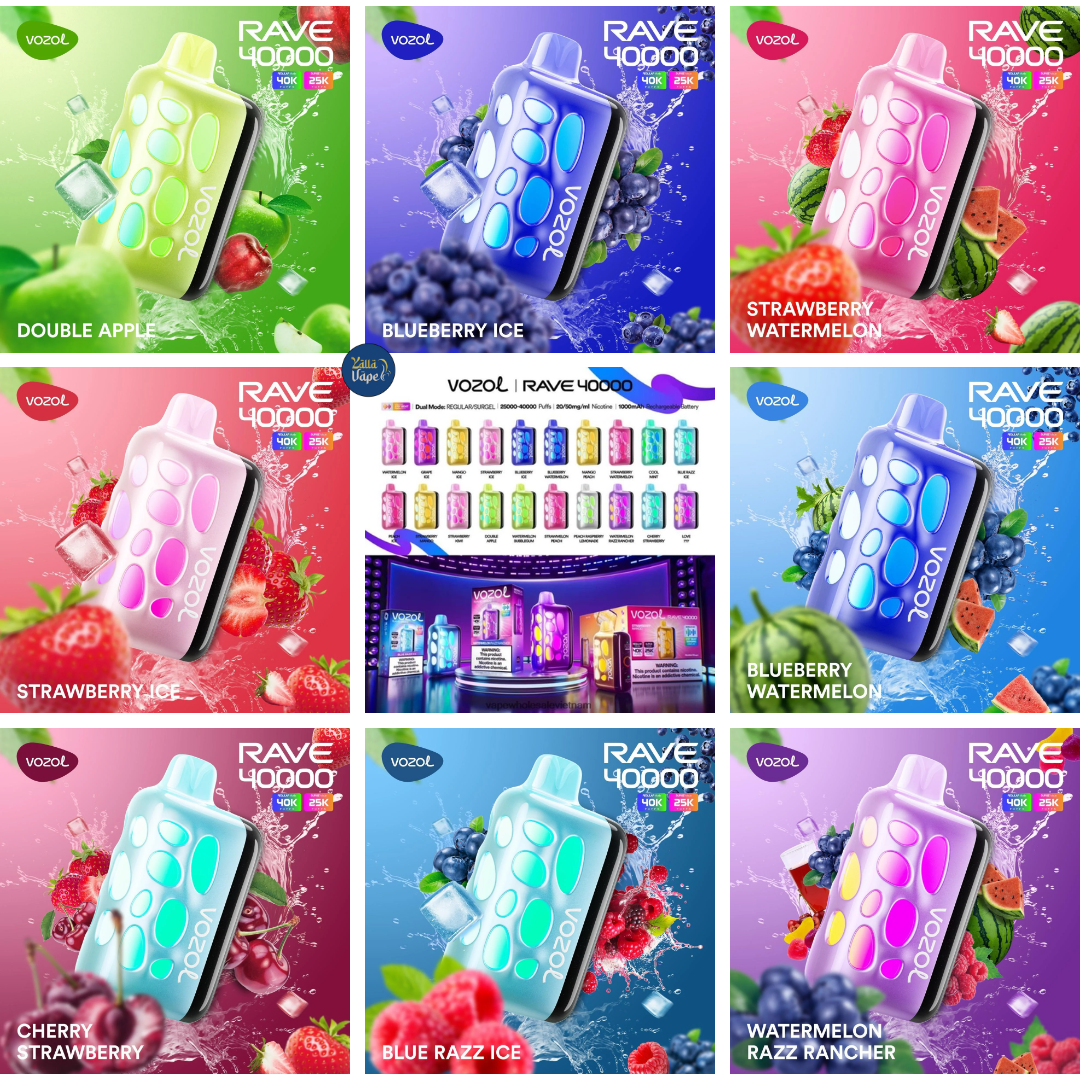 Vozol Rave 40000 Puffs Disposable Vape all flavors lineup: Watermelon Ice, Grape Ice, Mango Ice, Strawberry Ice, Blueberry Ice, Blueberry Watermelon, Mango Peach, Strawberry Watermelon, Cool Mint, Bluerazz Ice, Watermelon Bubblegum, Double Apple, Strawberry Kiwi, Strawberry Mango, Peach, Strawmelon Peach, Peach Raspberry Lemonade, Watermelon Razz Rancher, Cherry Strawberry, Love 777