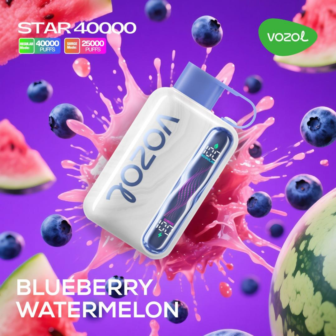 Vozol Star 40K Blueberry Watermelon disposable vape, dual-mesh flavor tech, quick Dubai delivery.