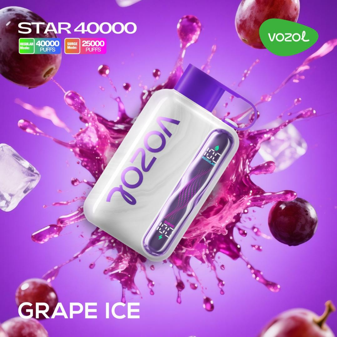 Vozol Star 40K Grape Ice disposable vape, cold throat hit, dual-mode performance — Sharjah & UAE.