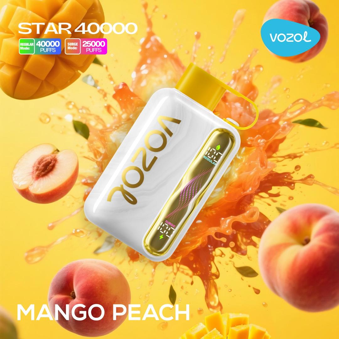 Vozol Star 40K Mango Peach disposable vape, premium fruit flavor, rechargeable, delivered UAE.