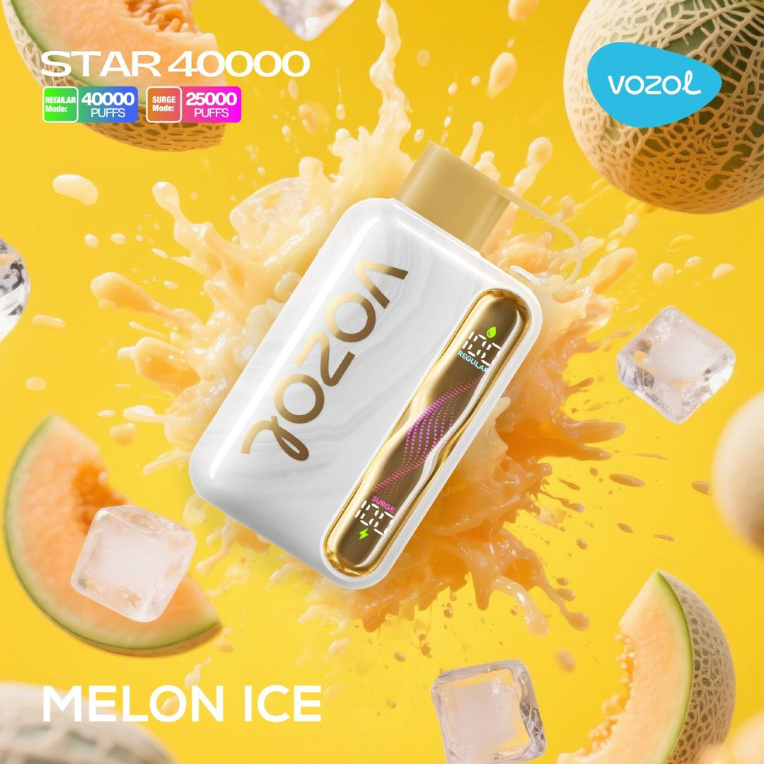 Vozol Star 40K Melon Ice disposable vape — cool melon, 1000mAh rechargeable battery, Dubai shipping.
