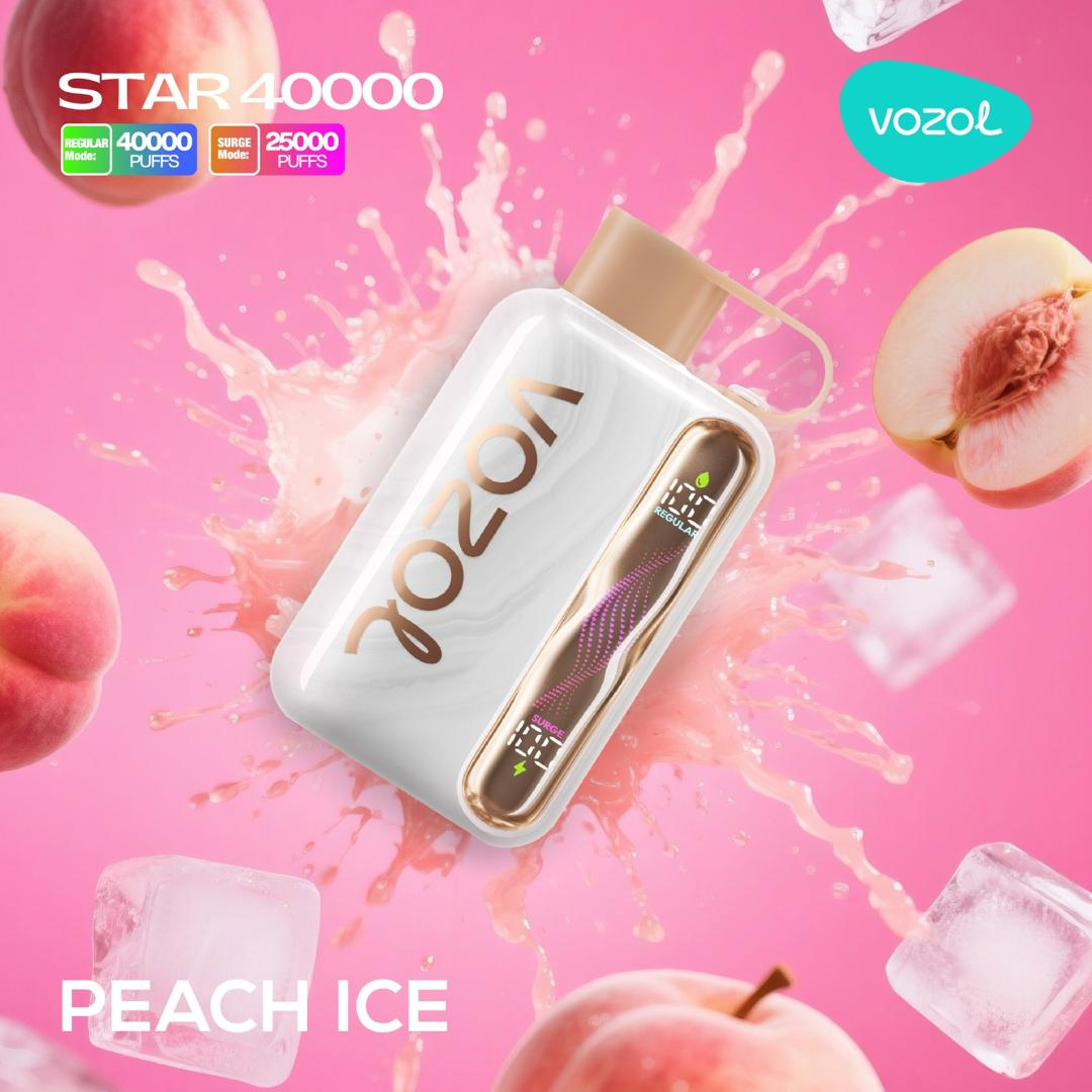Vozol Star 40000 Puffs Peach Ice disposable vape, crisp icy peach flavor, quick UAE delivery.