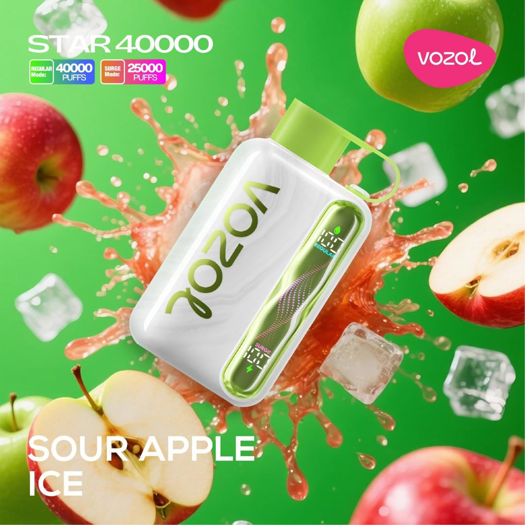 Vozol Star 40K Sour Apple Ice disposable vape, tart & icy, dual-mesh flavor, buy in Dubai, Abu Dhabi & UAE
