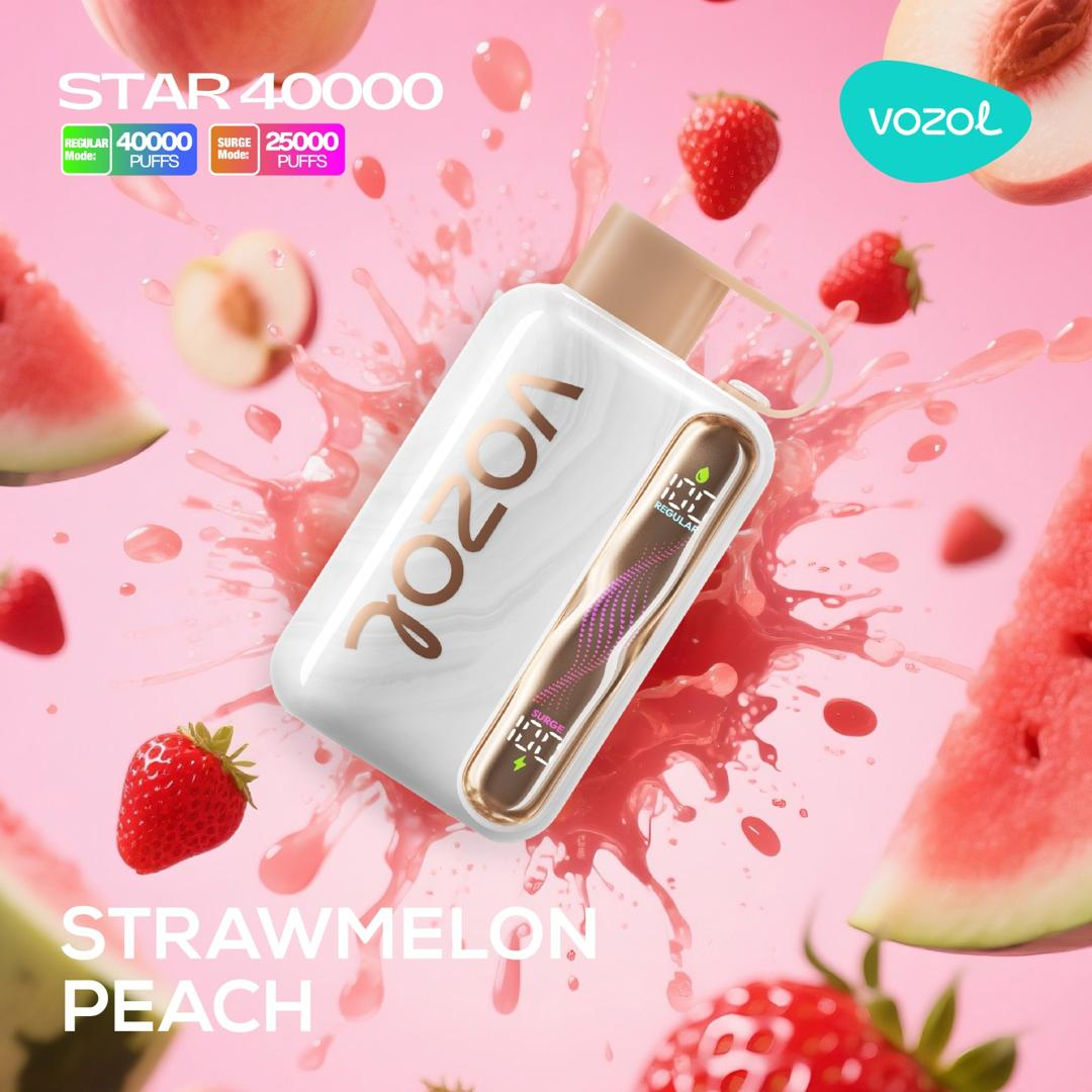 Vozol Star 40K Strawmelon Peach disposable vape — tri-fruit blend, rechargeable, UAE delivery.