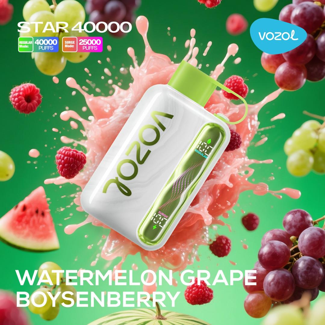 Vozol Star 40000 Watermelon Grape Boysenberry disposable vape, layered fruit taste — UAE.