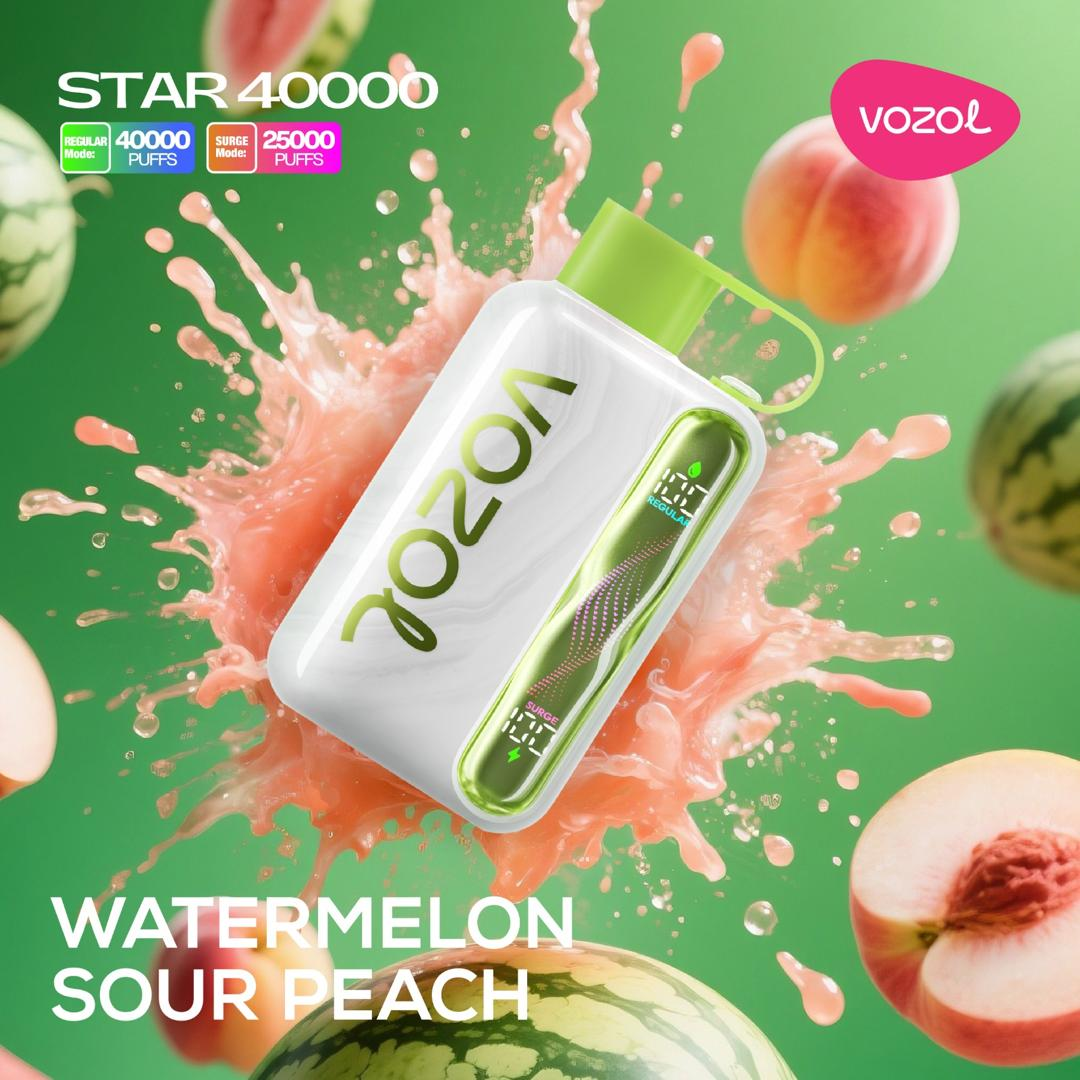 Vozol Star 40000 Watermelon Sour Peach disposable vape, sour & sweet combo, available UAE.