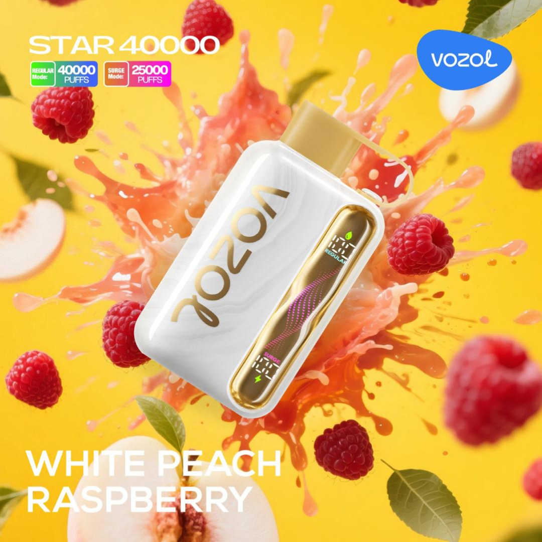 Vozol Star 40K White Peach Raspberry disposable vape, refined fruit duo, fast Dubai delivery.